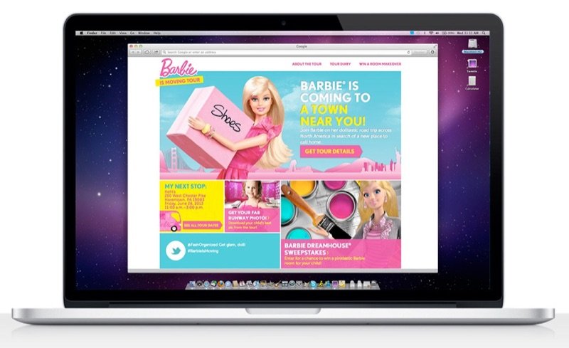 Barbie moving tour microsite on a laptop with Barbie holding a pink box
