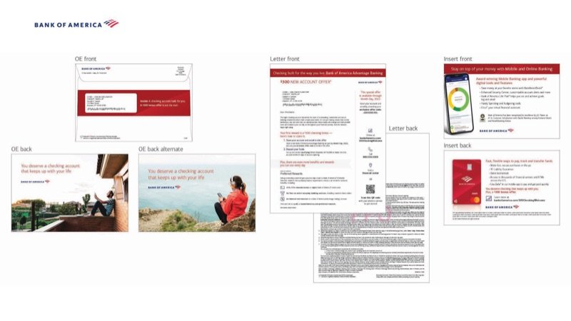Bank of America new account mailing with envelope, letter and mobile banking insert