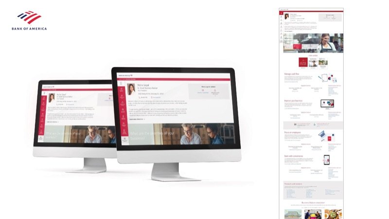 Bank of America advisor profile page shown on two desktop screens and as a full-length page