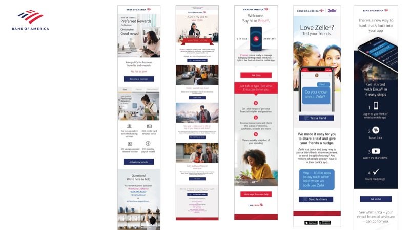 Five Bank of America emails for Preferred Rewards, the Erica assistant and Zelle