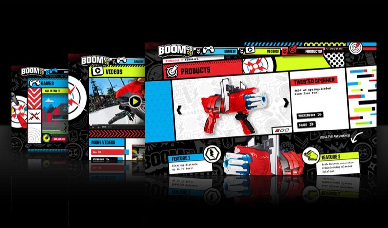 Three BOOMco. site screens for games, videos and the Twisted Spinner blaster