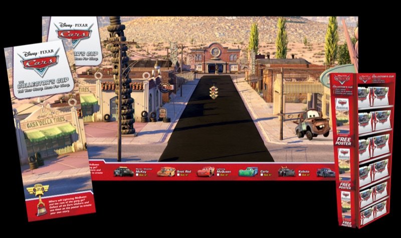 Disney Pixar Cars Collector’s Cup promotion with a Radiator Springs scene, a mailer and a store display