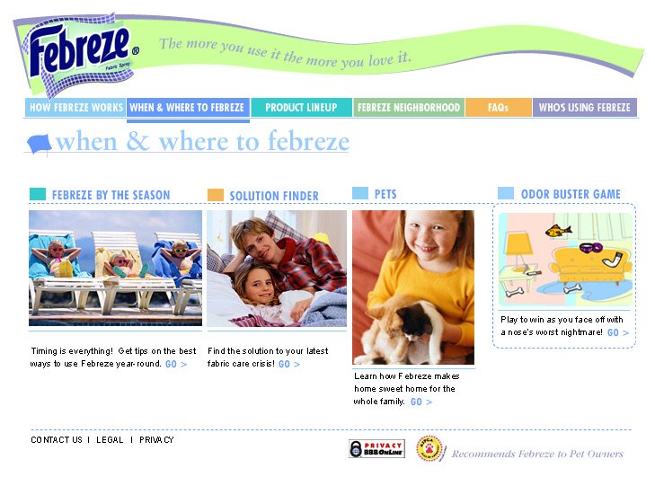 Febreze site with seasonal tips, a solution finder and an odor buster game