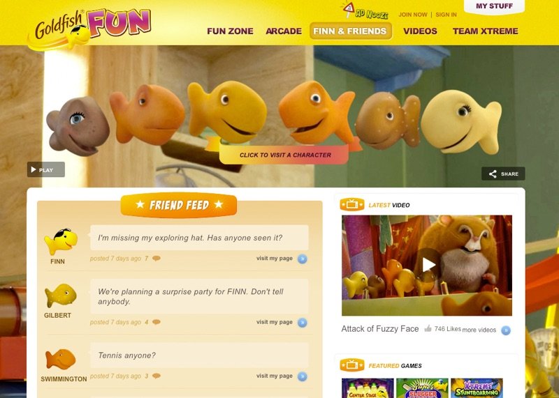 Goldfish Fun site with animated Goldfish cracker characters and a friend feed