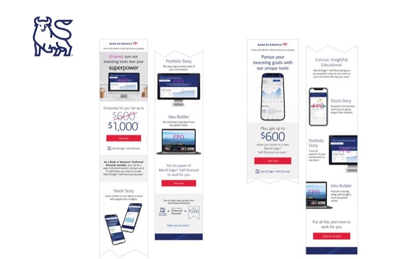 Four long-scroll Merrill Edge emails inviting Bank of America customers to open an investing account