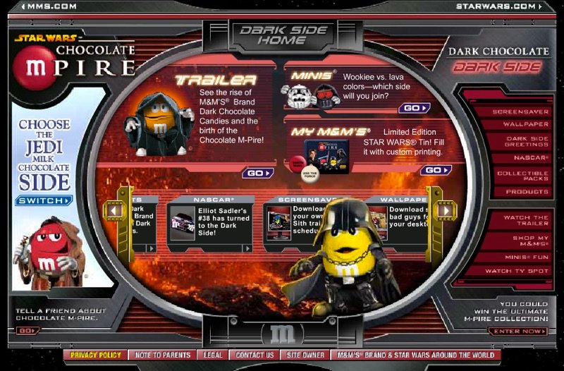 M&M’S Star Wars microsite with a yellow M&M’S character dressed as Darth Vader on a lava planet