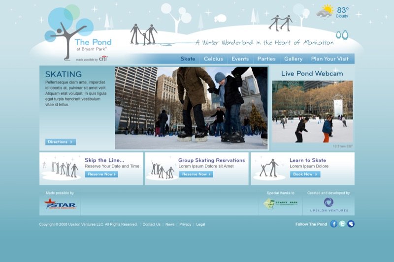 The Pond at Bryant Park website with a winter illustration and ice skating photos