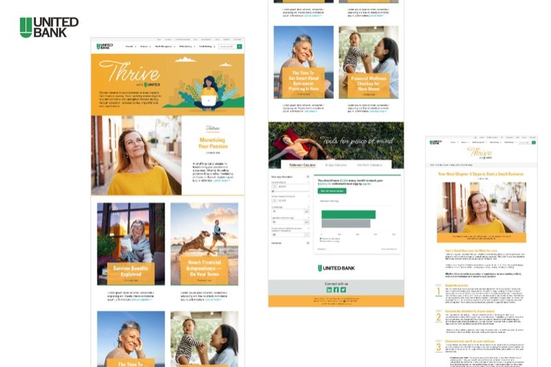 United Bank Thrive content hub pages and an email with warm yellow illustrations