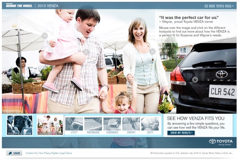 Toyota Venza interactive site showing a family at a farmers market with clickable hotspots
