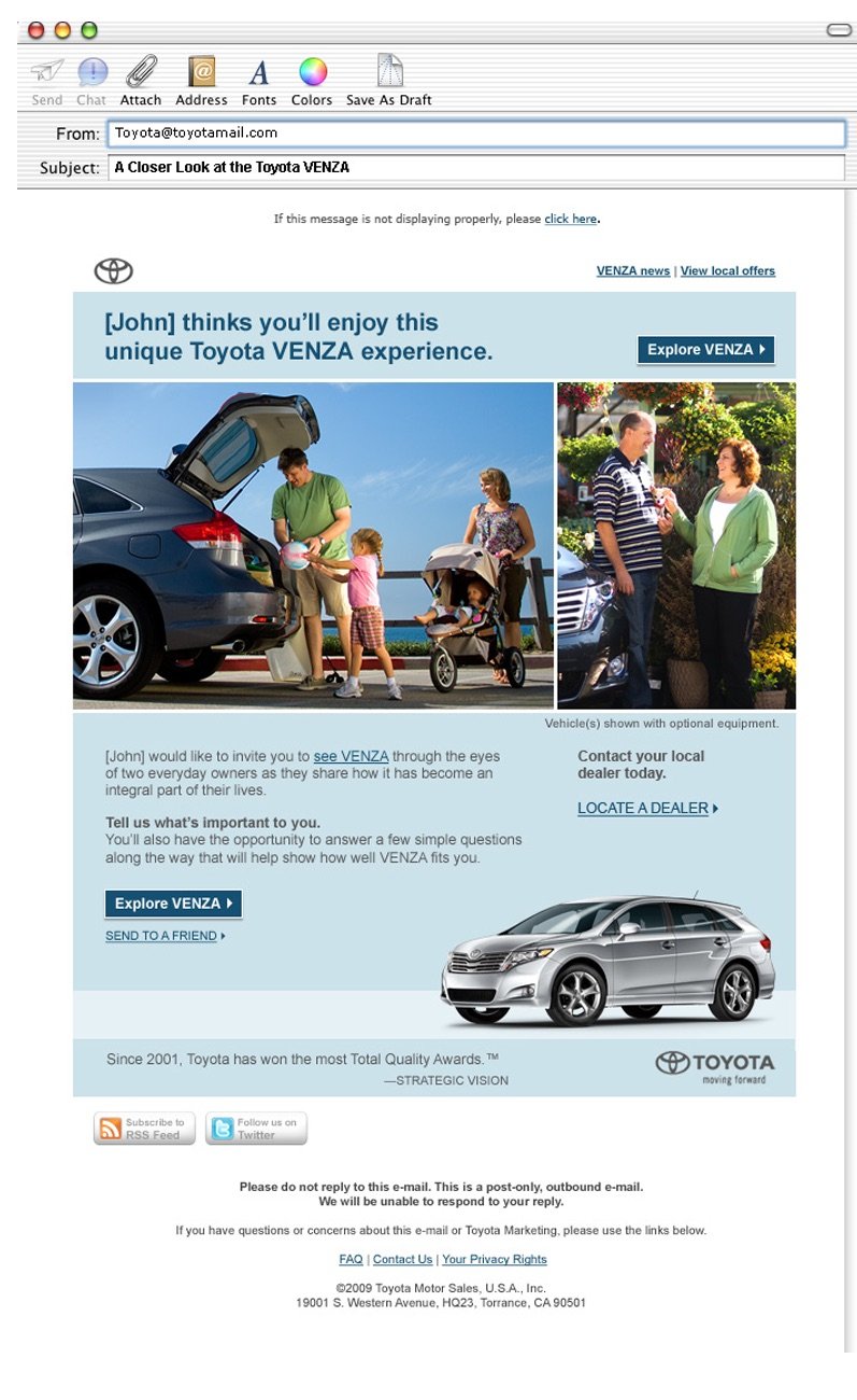 Toyota Venza email inviting a friend to see the car through the eyes of everyday owners